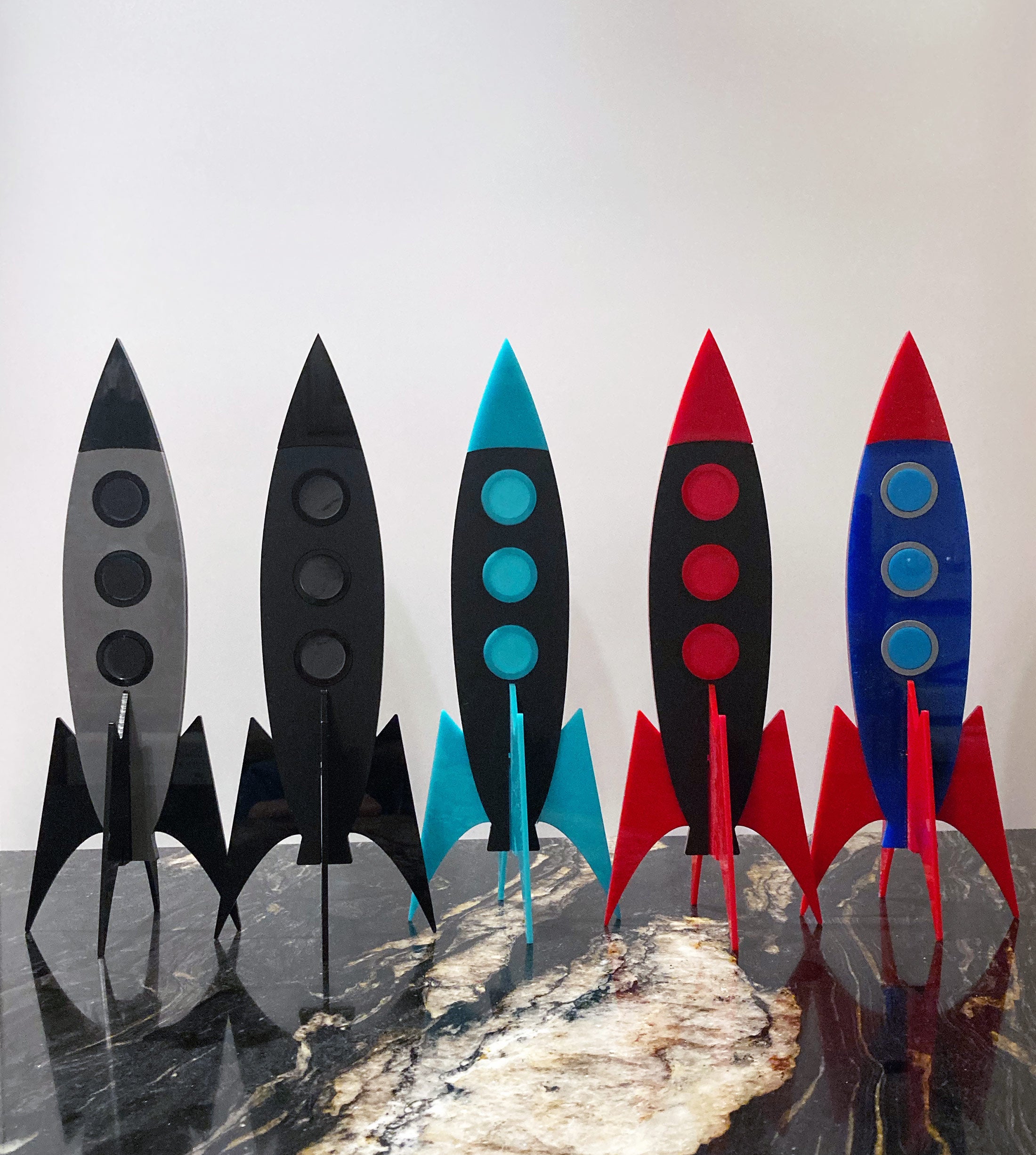 MCM Space Rocket with Atomic Black Cat | 3 Piece Mid Century Modern Sculpture Set | Vintage Space Art