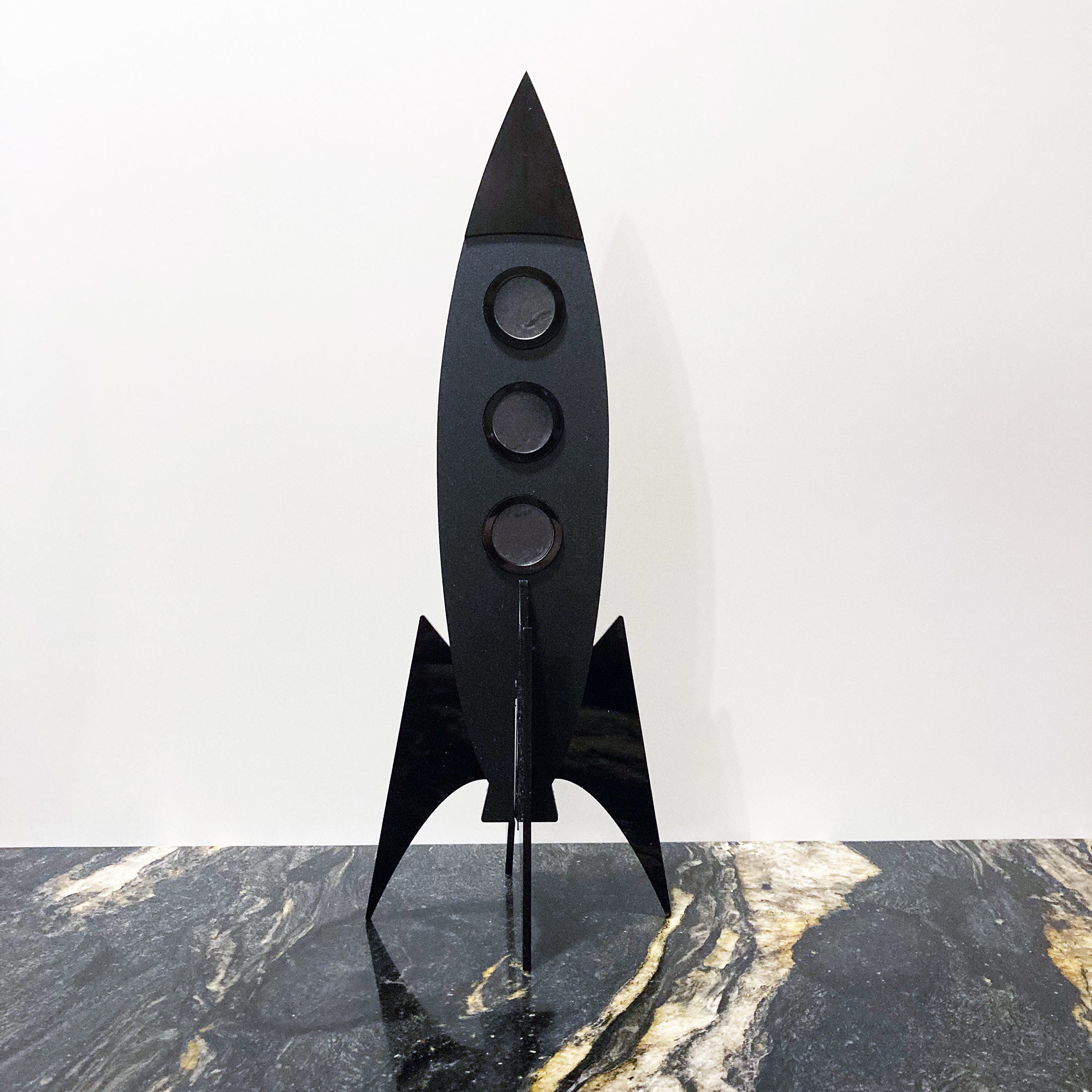 MCM Space Rocket with Atomic Black Cat | 3 Piece Mid Century Modern Sculpture Set | Vintage Space Art