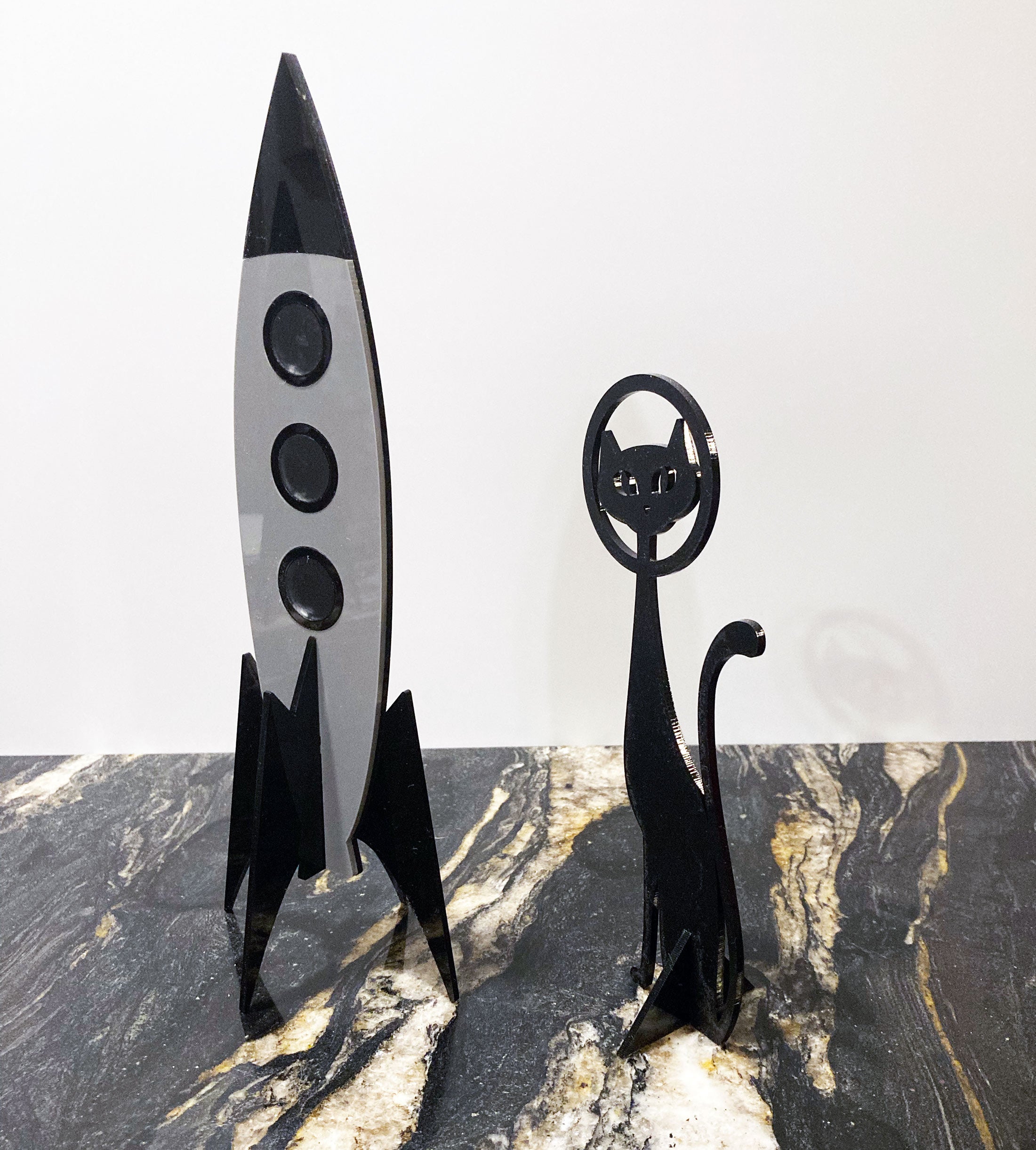 MCM Space Rocket with Atomic Black Cat | 3 Piece Mid Century Modern Sculpture Set | Vintage Space Art