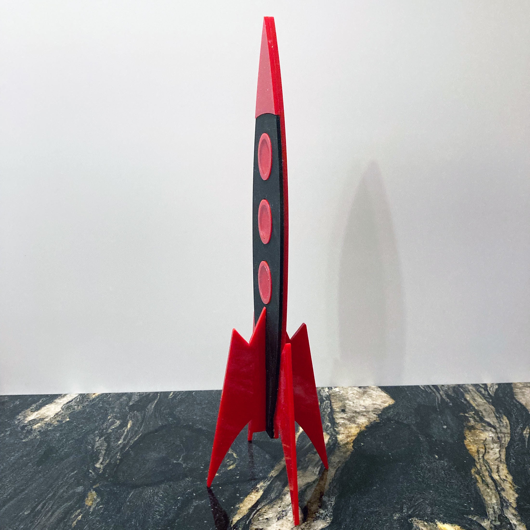 MCM Space Rocket with Atomic Black Cat | 3 Piece Mid Century Modern Sculpture Set | Vintage Space Art