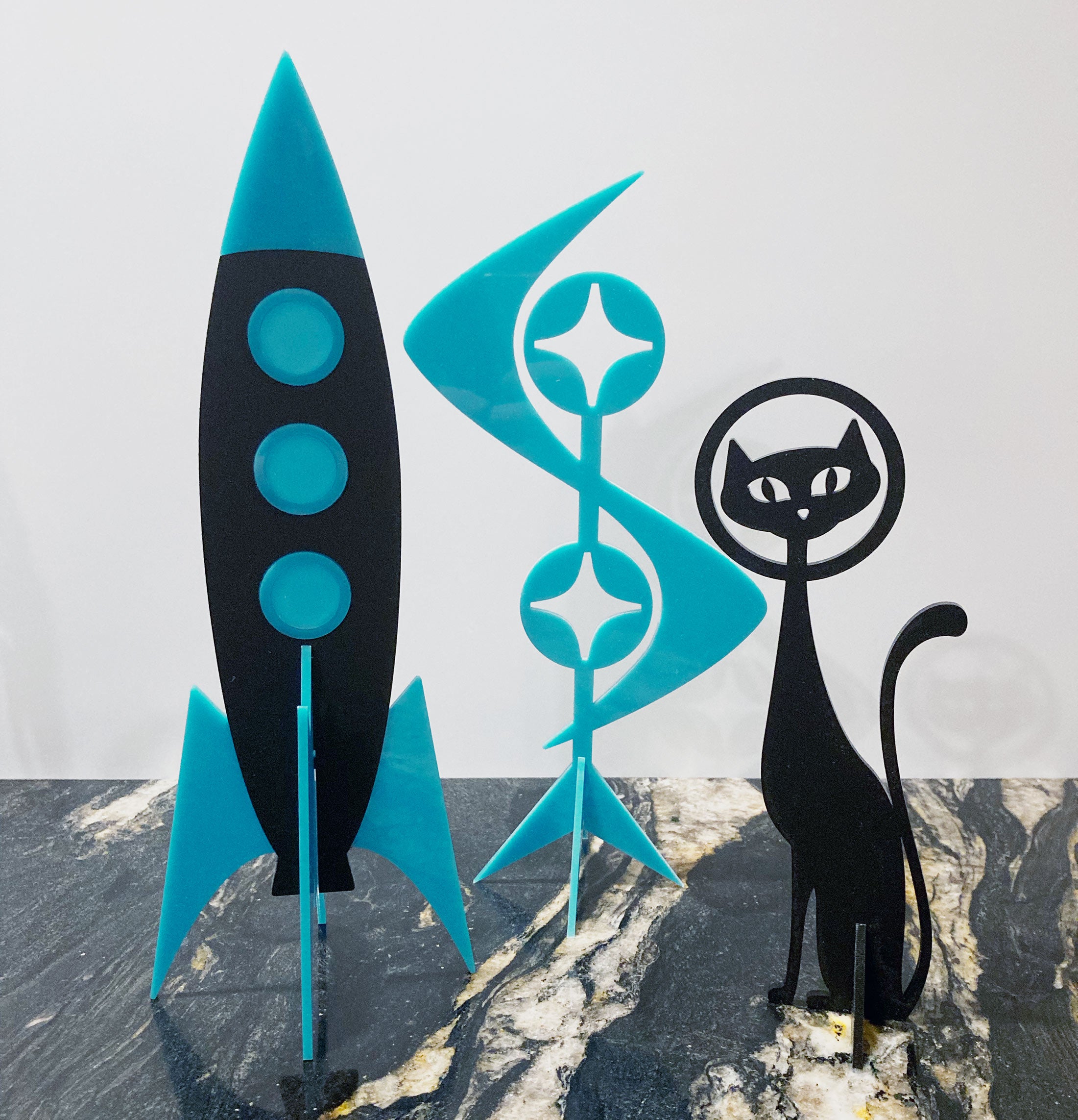 MCM Space Rocket with Atomic Black Cat | 3 Piece Mid Century Modern Sculpture Set | Vintage Space Art