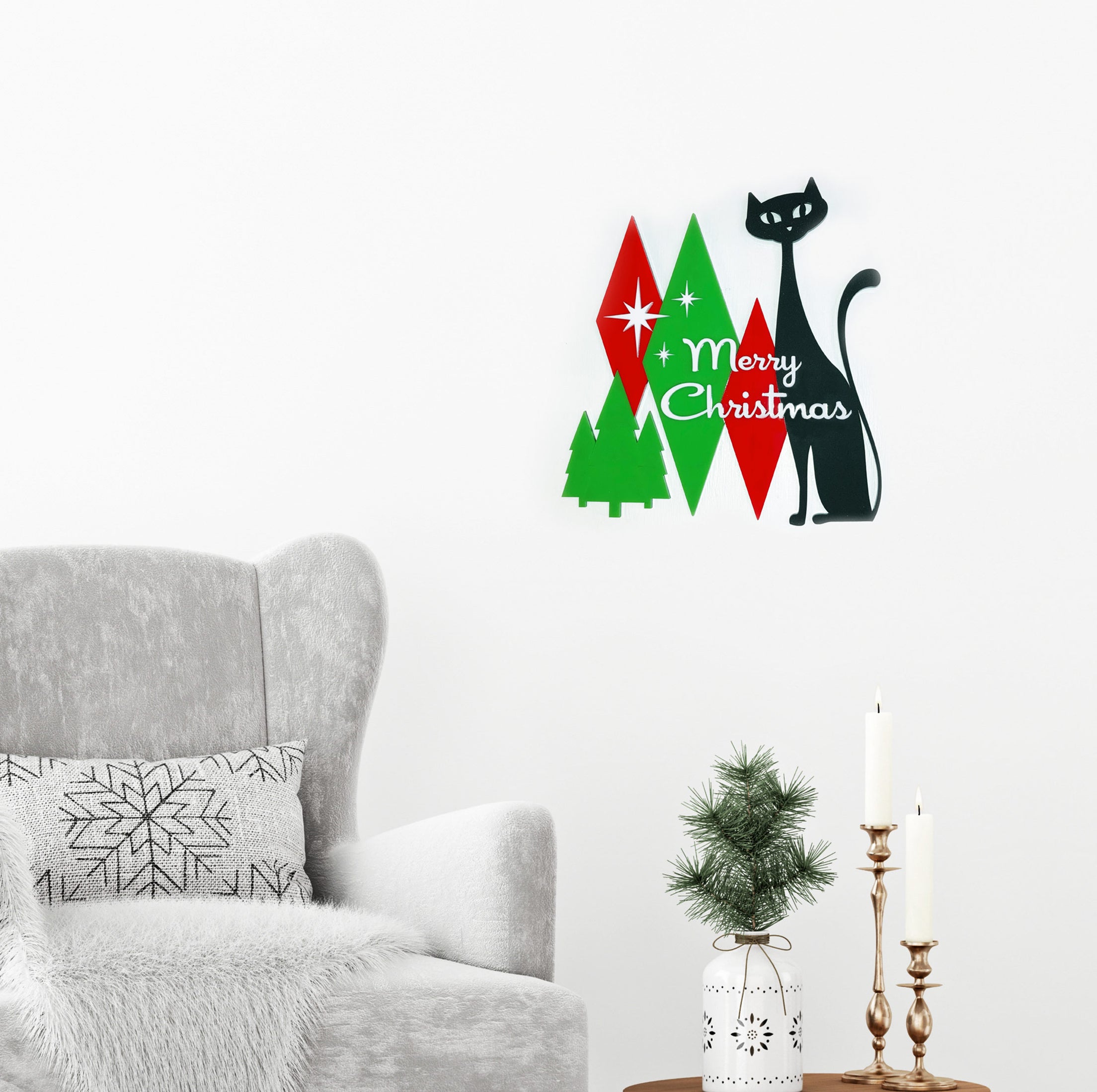 Atomic Cat Merry Christmas Sign | Mid Century Modern Holiday Decor