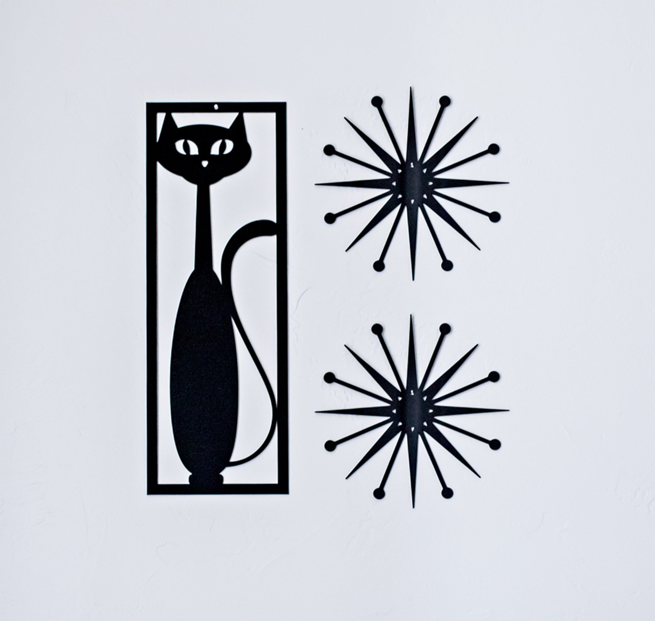 Mid Century Modern Black Cat w/Starbursts - 3 Piece Set - Wall Decor - Retro Black Cat