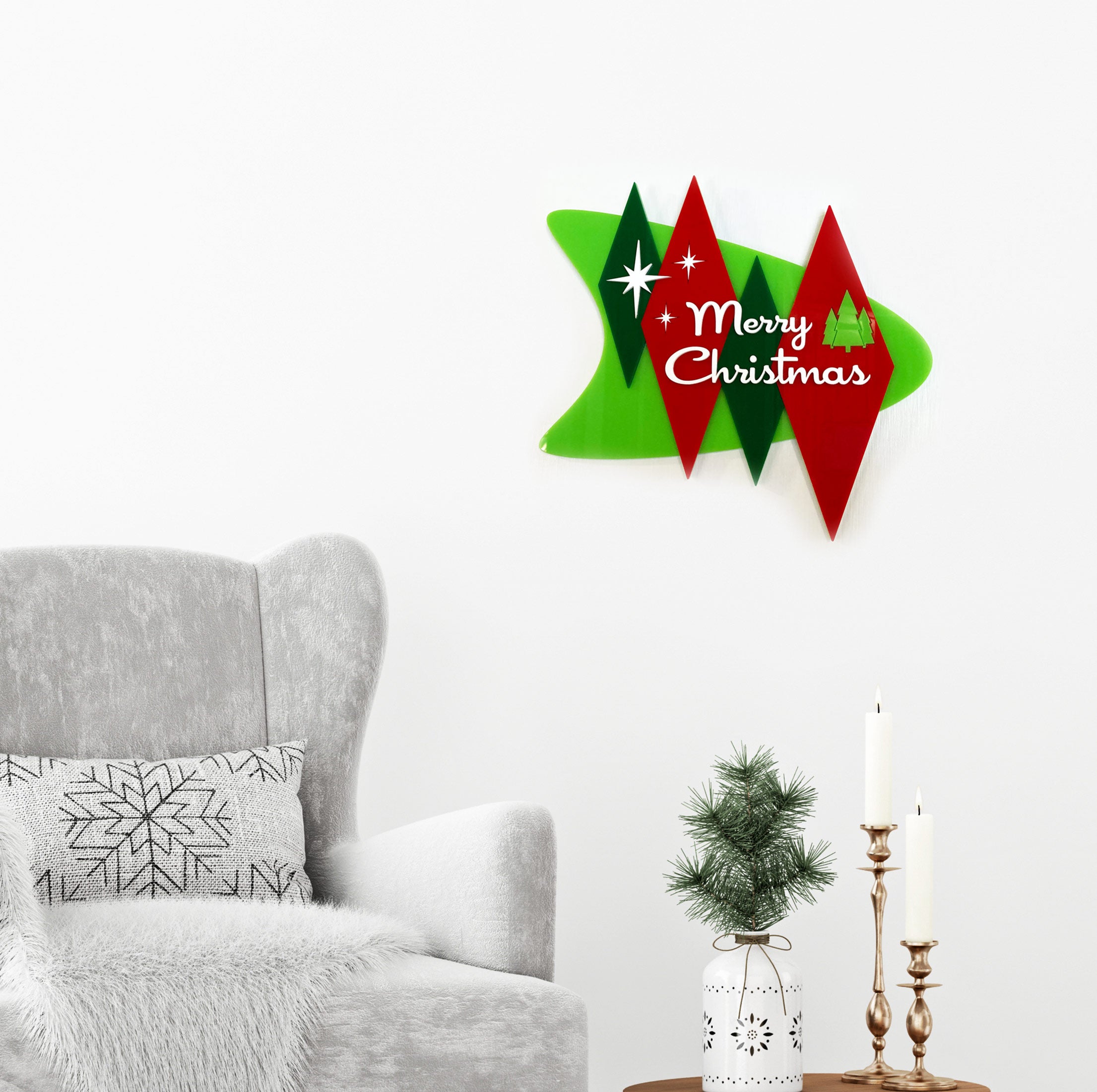 Atomic Boomerang Merry Christmas Sign | Mid Century Modern Holiday Decor