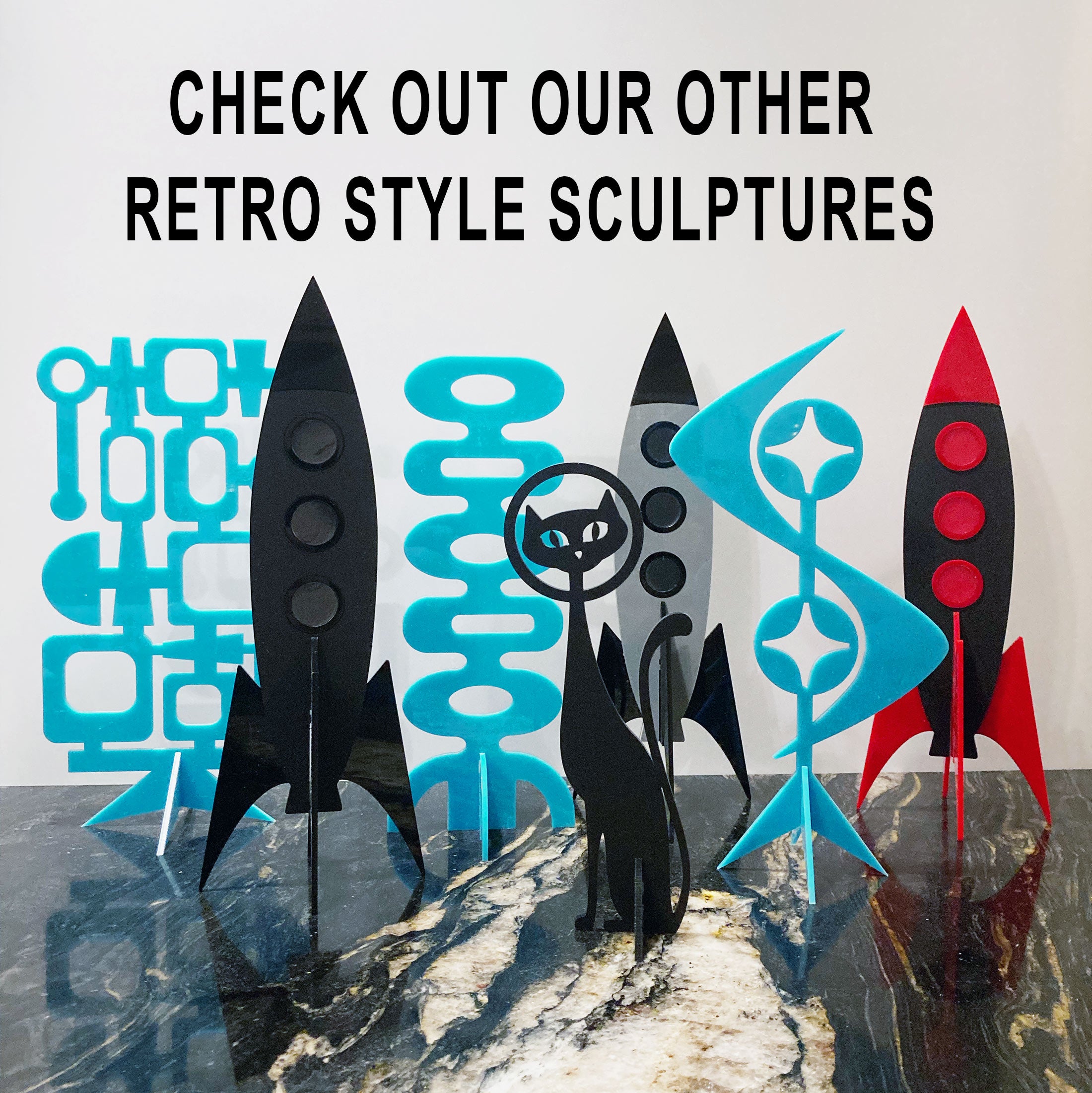 MCM Space Rocket with Atomic Black Cat | 3 Piece Mid Century Modern Sculpture Set | Vintage Space Art
