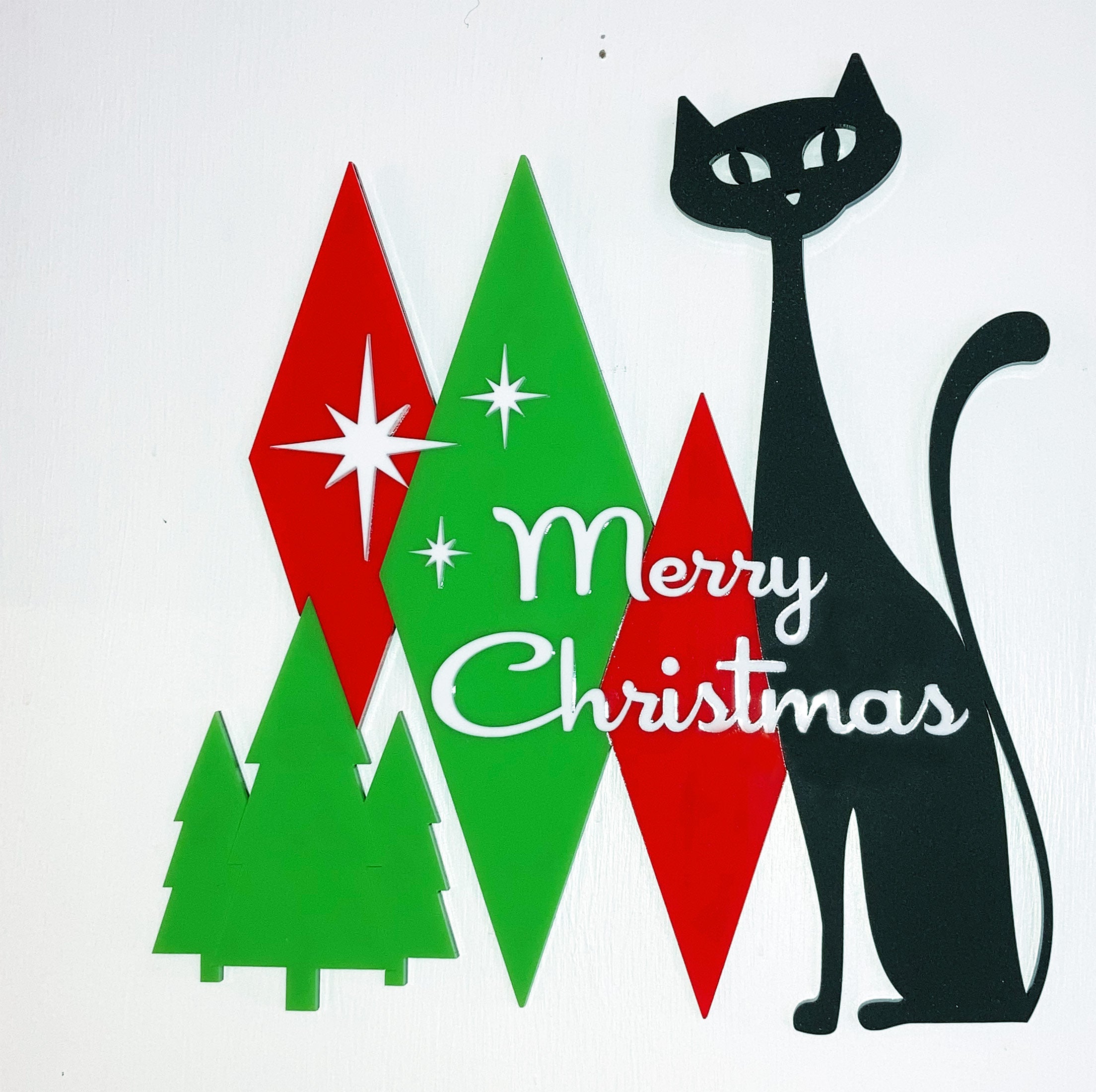 Atomic Cat Merry Christmas Sign | Mid Century Modern Holiday Decor