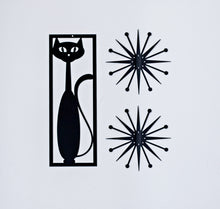 Load image into Gallery viewer, Mid Century Modern Black Cat w/Starbursts - 3 Piece Set - Wall Decor - Retro Black Cat